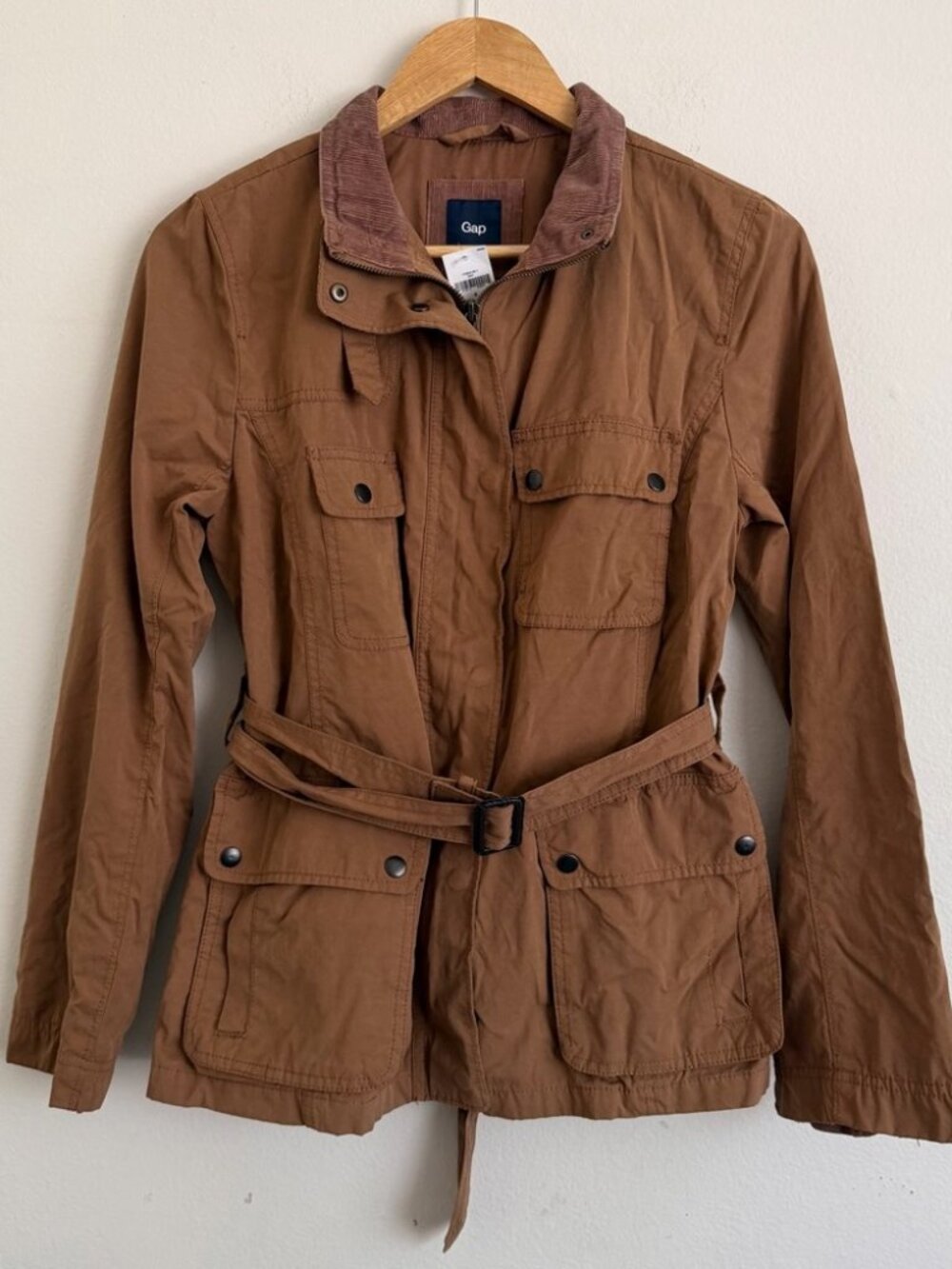 Gap Belted Utility Barn Jacket Corduroy Collar Lightweight Field Coat Olive M